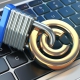 Copyright sign with lock on the laptop keyboard. Intellectual property protection concept. 3d illustration